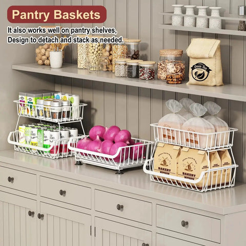 3-Tier Rolling Pantry Cart with Wheels for Kitchen Organization and Storage, stackable wire baskets on a countertop.