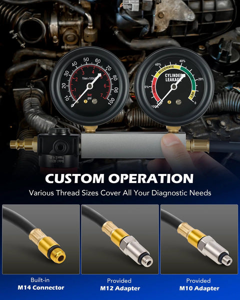 Orion Motor Tech cylinder leak-down tester kit with dual gauges and brass adapters (M14, M12, M10)