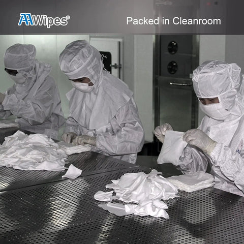 Technicians handling Ultra Soft Cleanroom Cloth Wipes 6x6 Inch 150 Count Polyester Microfiber in a cleanroom.