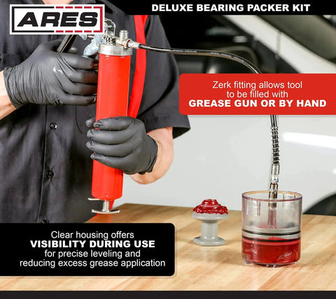 Person using Two Piece Deluxe And Standard Bearing Packer Kit For Quick Flushing Of Old Grease And Easy Repacking Of Wheel Bearings