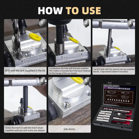 Step-by-step use of M11x1.5 Thread Repair Kit With Stainless Steel Inserts And Installation Driver Includes Drill Tap Counterbore 10 M11x1.5x30mm Inserts Tough Durable Easy To Use Pro Grade Includes EVA Case.