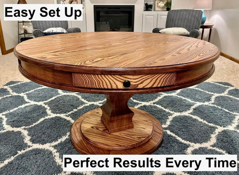Wooden dining table on patterned rug in living room setup