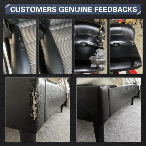 Leather Repair Kit For Furniture And Auto Seats 4 By 63 Inch Self Adhesive Leather Tape Patch For Sofa Couch Car Boat Chair Dark Brown Waterproof Durable Vinyl Patch Kit For Home Car Boat showing customer feedback images of damaged leather and repaired sections.