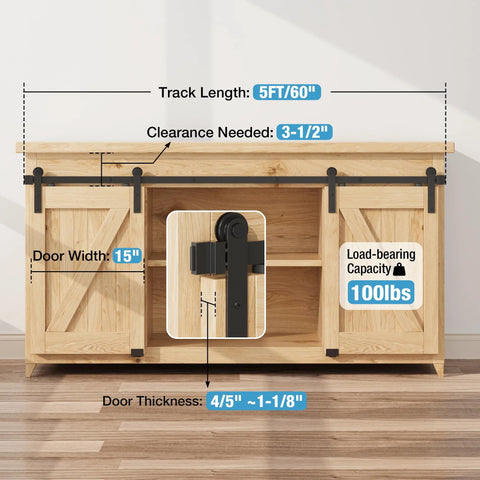 5 Foot Small Sliding Barn Door Hardware Kit on wooden cabinet, shows track, spliced tracks, hangers, and floor guides for double doors.