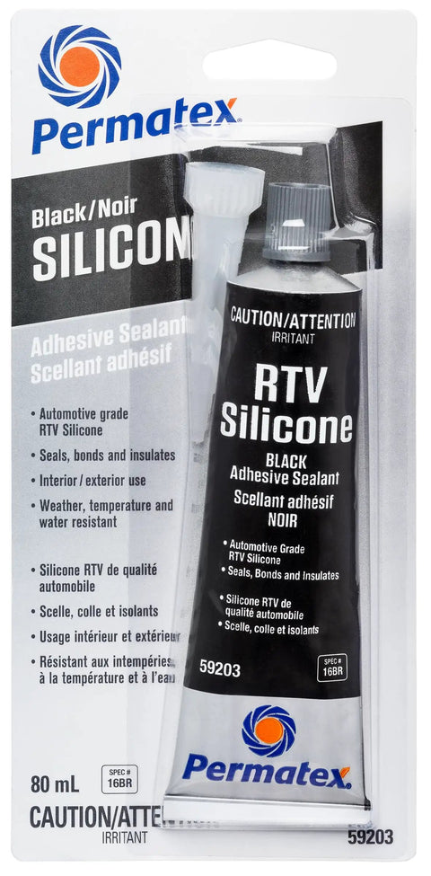 Heavy Duty Black RTV Silicone Adhesive Sealant For Indoor And Outdoor Use Waterproof Bonding And Caulking For Metal Glass Rubber Vinyl Plastic Automotive Grade -59 C To 204 C 80 mL Permatex in packaging view.