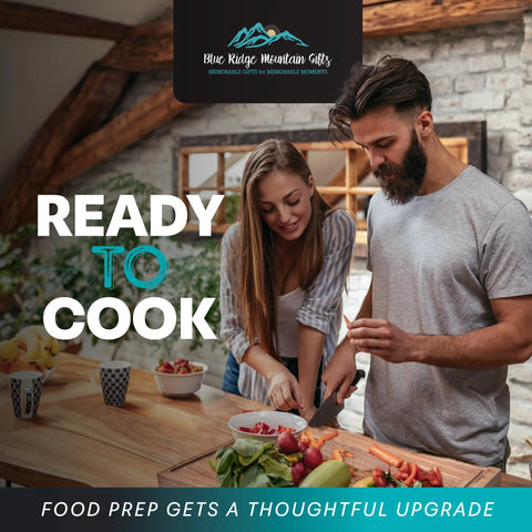 Couple preparing food in rustic kitchen with vegetables on a wooden counter