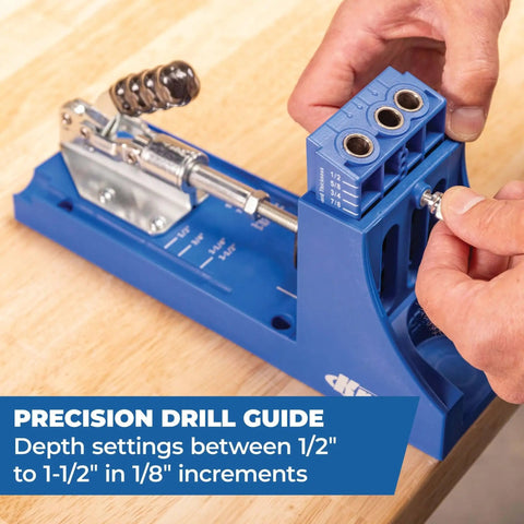 K4 Plus Pocket Hole Jig with drilling guide and dust collection, showing adjustable settings for wood joining on a table