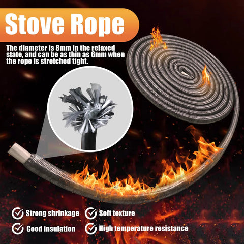Stove rope gasket coil, fiberglass braided, 8mm diameter, high-temp seal for wood stoves
