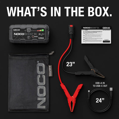 What's in the box for the 1250 Amp UltraSafe Jump Starter For 6.5L Gas And 4.0L Diesel Engines, showing cables and accessories.