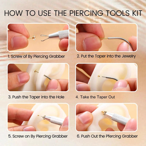 Step-by-step guide showing how to use the Piercing Taper Grabber Reacher Tool Set For Flat Back Earrings Applicator for safe insertion.