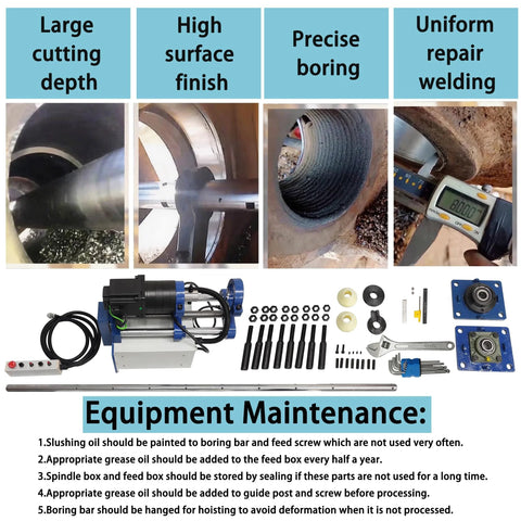 Portable Precision Boring Machine For On Site Hole Drilling And Repair Bores 110V 35-80mm Diameter 300mm Travel With 160cm Bar For Excavators Loaders Cranes HayWHNKN Pro Grade Field Service Tool components and maintenance instructions