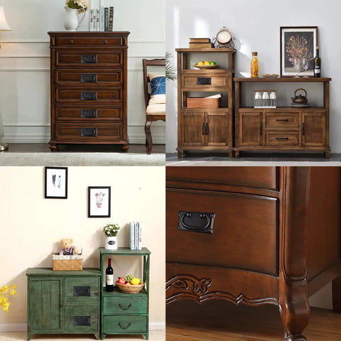 Wooden furniture with Two Pack Vintage Drawer Ring Pulls 3.78 Inch Black Zinc Alloy Cabinet Handles, shown in various cabinet setups.