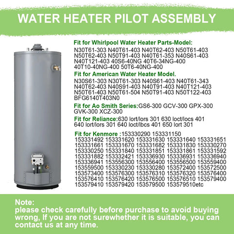 Water heater pilot assembly replacement kit shown with a tall gray gas water heater; right side lists compatibility with Whirlpool and A.O. Smith.