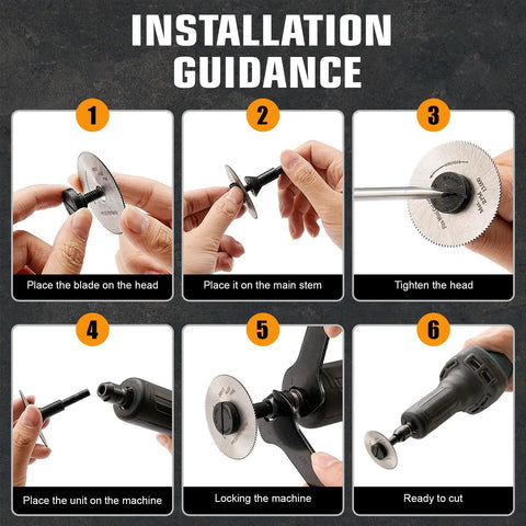 Installation steps for using two inch cut off wheel with one quarter inch stem mandrel for die grinder or drill, 100T, includes two discs.