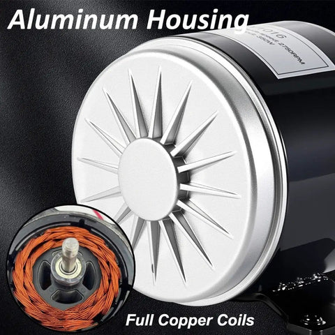 Close-up of the 350W 24V Brushed DC Motor For Electric Scooters And DIY Projects with aluminum housing and copper coils