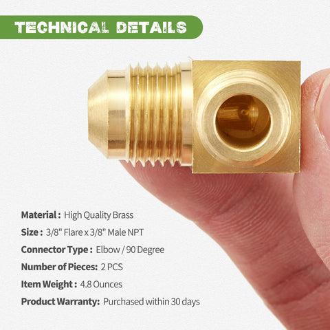 Brass 90-degree elbow tube fitting, 3/8 flare x 3/8 male NPT, 2 pcs