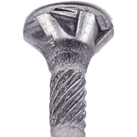 Close-up of Beefy Eight By One And One Half Inch Silver Star Stainless Steel Wood Screw With Torx Star Drive Head, Grade 305 Stainless
