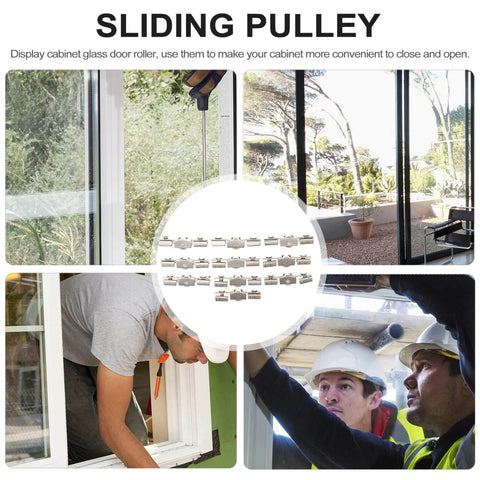 10 Pack Stainless Steel Sliding Door Wheels And Pulleys For Cabinets And Glass Doors Slick Multi Purpose Furniture Roller Kit displayed in use.