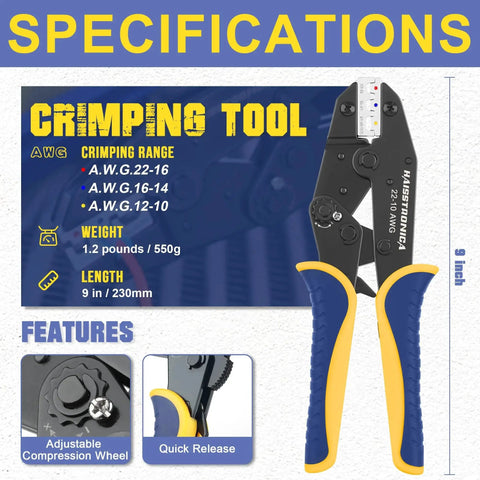 haisstronica HS-8327 crimping tool with 200 marine-grade heat shrink connectors, AWG 22-10, blue and yellow grips