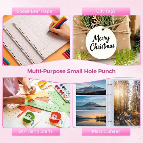 Image of multi-purpose small hole punch for loose leaf paper, gift tags, DIY handicrafts, and plastic sheets with empty holes.