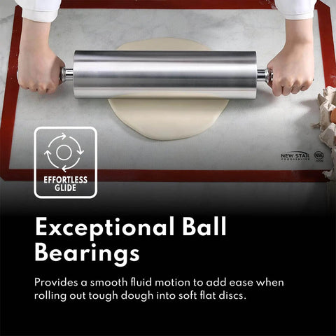 Extra Heavy Duty Aluminum Rolling Pin For Restaurants 15 Inch With Flour Saving Design Keeps Dough From Sticking Durable Pro Grade Quality And Smooth Rolling With Rotating Barrel Handles Chill The Pin Before Rolling To Keep Dough Cool in use with dough on mat