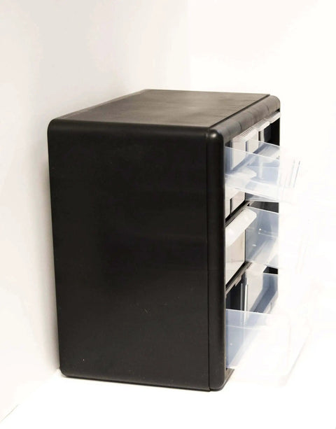 Side view of 12-Drawer Parts Organizer In Black With Clear View Drawers, Wall Mountable For Easy Access To Small Hardware, Tools