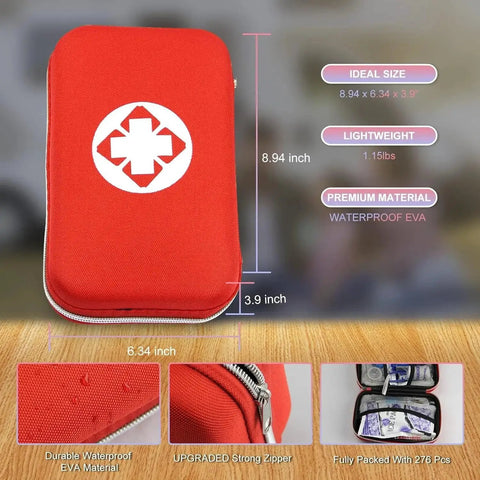 Compact 276 Piece First Aid Kit For Home Car Camping Hiking Emergency Supplies In Water Resistant EVA Bag Lightweight About 1 Lb Great For Travel School Outdoor Adventures AMORNING, featuring waterproof material and strong zipper.