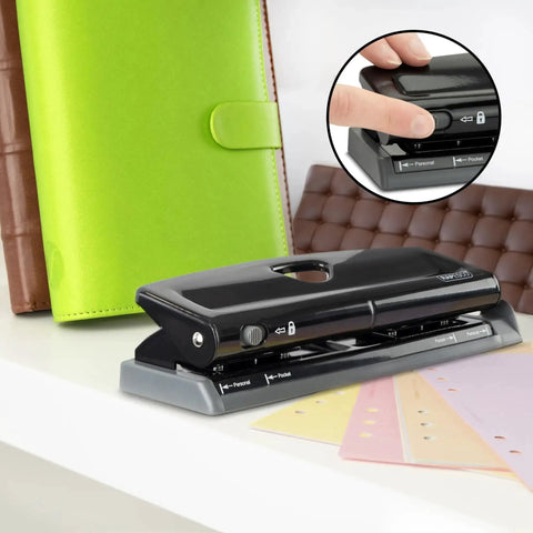 Black Adjustable 6-Hole Punch with Lock-Down Handle and 4 Position Settings for A5 A6 Binders on desk with colorful paper