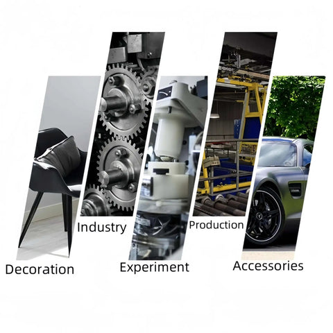Sliced image showing themes of decoration, industry, experiment, production, and accessories with related visuals.