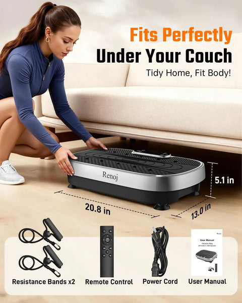 Woman placing Vibration Plate Exercise Machine For Home Gym Full Body Workout With Loop Bands 330 Lbs Capacity under couch