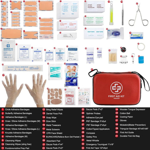 Premium 320 Piece Waterproof First Aid Kit In A Durable EVA Hard Shell with visible latex-free medical supplies and gloves.