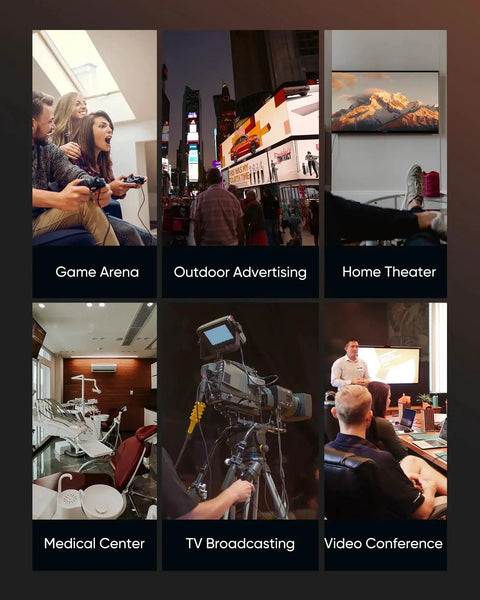 Collage of various environments: gaming, advertising, home theater, medical, broadcasting, and conference setups.