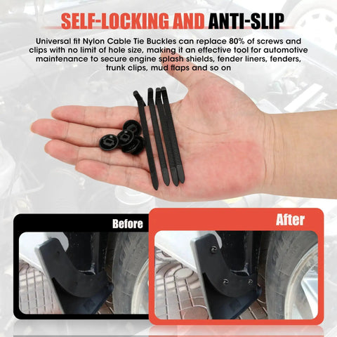 Hand holding 50Pcs Upgraded Nylon Cable Tie Buckle Universal Heavy Duty Self Locking Automotive Fasteners for bumper installation