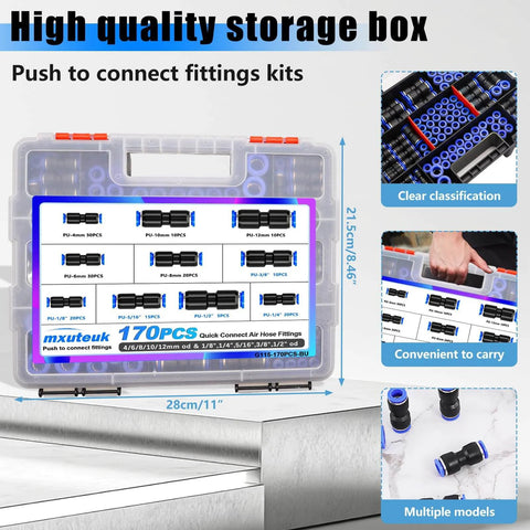 170-Piece Quick Connect Air Hose Fittings Kit With 1/8, 1/4, 5/16, 3/8, 1/2 Inch And 4, 6, 8, 10, 12 Mm Straight Push To Connect Pneumatic Fittings, Quick Release Air Line Fittings For Air Compressors And DIY Projects in a storage box