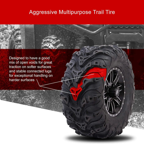 Aggressive trail tire close-up on ATV; Mud Force ATV Tire Set 25x8-12 Front And 25x10-12 Rear, 6-Ply Heavy-Duty Bias Ply Off-Road Quad Tires.