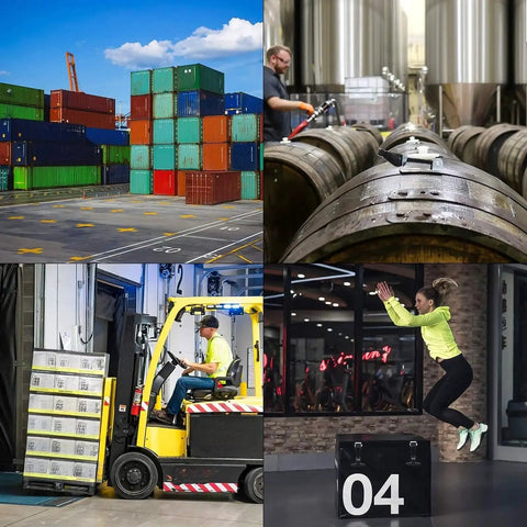 Collage of shipping containers, brewing barrels, forklift in warehouse, and woman jumping on box in gym.