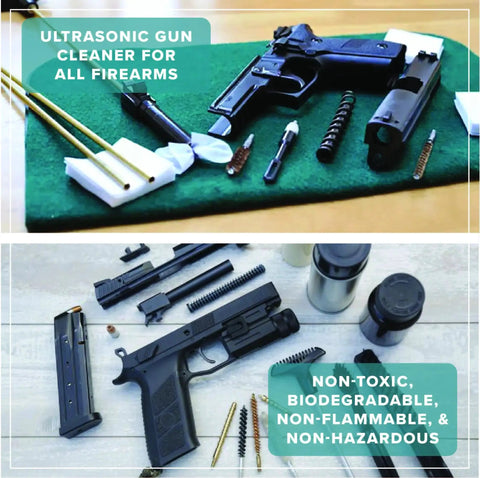 Gun cleaning kit components with a pistol and cleaning brushes on a green mat
Disassembled handgun parts laid out on a light surface with cleaning tools nearby