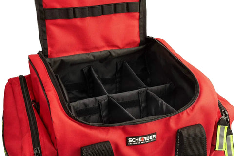 Open view of Scherber Fully Stocked First Responder Medical Kit For EMTs And Pros, showing interior compartments