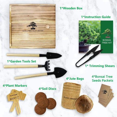 Beginner Bonsai Tree Starter Kit For Indoor Gardening with garden tools, wooden box, instructions, and multiple accessories.