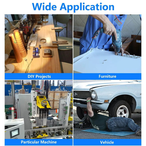 Collage of various applications: woodworking, furniture assembly, machine equipment, and vehicle repair