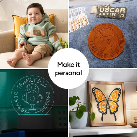 Collage of personalized decor: baby in custom sweatshirt, engraved leather patch, LED night light, and butterfly wall art.