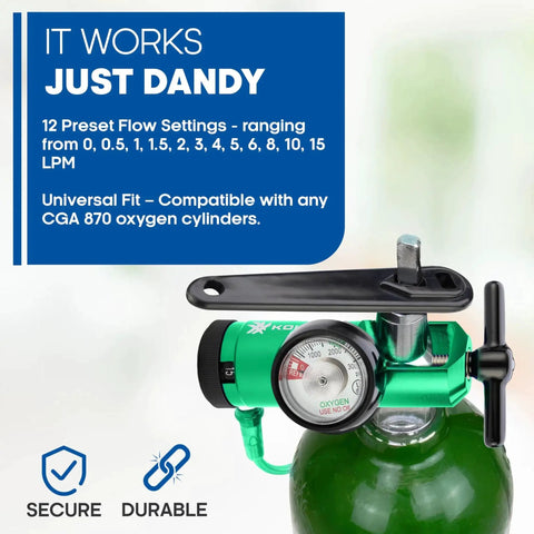 Precision oxygen regulator for 0-15 LPM with a clear gauge and CGA-870 compatibility delivers safe, steady home oxygen flow.