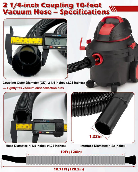 Heavy Duty 10 Ft Vacuum Hose Replacement With 2.25 In Cuff And 1.25 In Diameter, Universal Fit For Shop Vac, Craftsman, Ridgid Wet Dry Vacs, Upgraded Seal And Durability details shown with measurements and hose attachment.