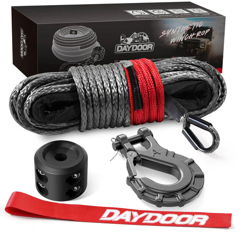 Heavy Duty 1/4 Inch By 50 Foot Synthetic Winch Rope With 10,000 Lbs Break Strength For Offroad 4WD ATV UTV Use Includes Forged Winch Hook And Rubber Stopper In Gray DAYDOOR with rope and accessories