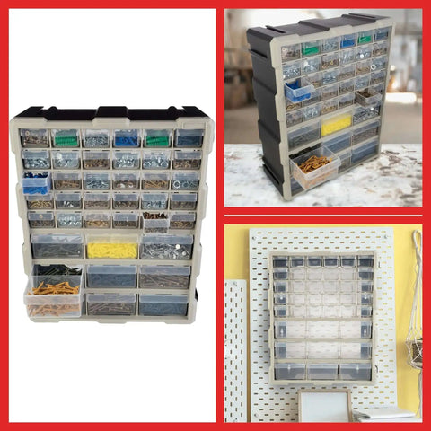 39 Drawer Plastic Small Parts Organizer with desktop or wall storage, showing black durable stackable bins with removable compartments.