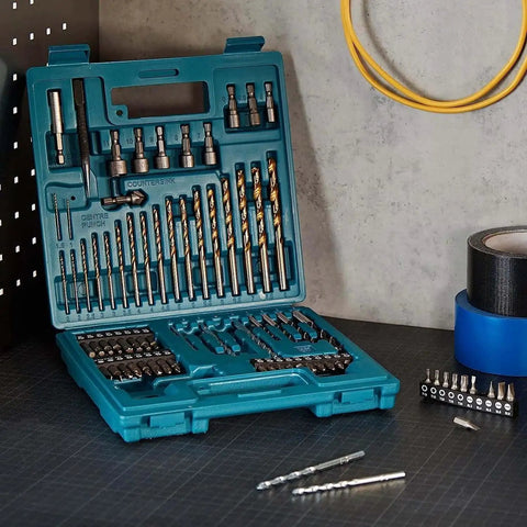 Pro Grade 75 Piece Metric Drill And Screw Bit Set For Metal Wood And Masonry With Insert Bits And Power Bits Including Phillips Pozidriv Torx Slotted And Hex Bits Makita B-49373 in open blue case on workbench