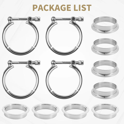 3 Inch V Band Clamp Kit Four Pack For Exhaust Systems With 304 Stainless Steel T Bolt Flanges Male And Female Adapters