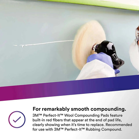 Pro Grade Heavy Cut Wool Compounding Pad For Auto Detailing, 9 Inch Quick Connect, in use with rotary polisher on surface