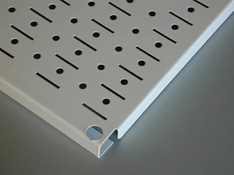 Close-up of Heavy Duty Metal Pegboard Panels For Wall Mounting Two Pack 16 Inch By 48 Inch showing industrial strength formed edges and holes.