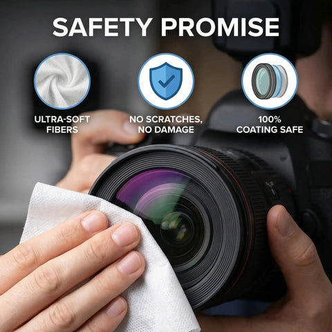 Anti Fog Lens Wipes For Glasses And Goggles Defogger Towelettes 160 Count cleaning camera lens, highlighting safety features.